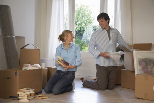 Packed office equipment ready for transport during an Edmonton business move