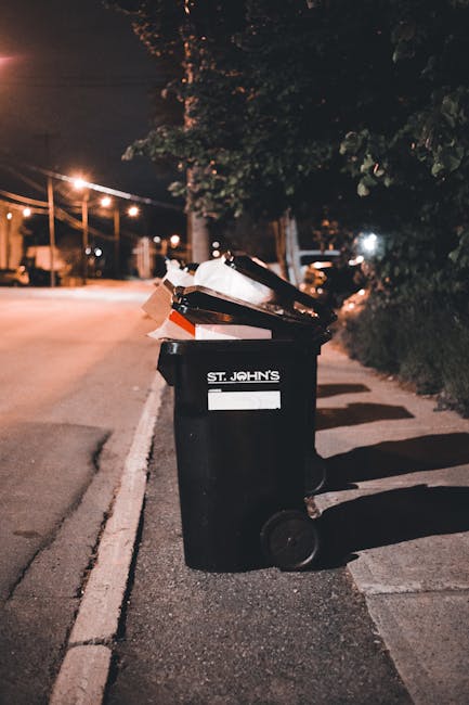 A black wheelie bins labeled 'ST. JOHN'S' positioned on a pavement beside a row of bushes and a tree at night. The bin lid is open, revealing various waste materials such as cardboard boxes, paper, and plastic packaging inside. In the background, a quiet street is illuminated by streetlights, with several parked vehicles and faintly visible buildings. The scene is lit with warm, orange-toned lighting, and the residential environment suggests an urban or suburban neighbourhood. This image, associated with house removals and moving logistics, depicts waste disposal as part of a home relocation process, emphasizing proper material sorting and safe disposal to ensure smooth furniture transport and packing procedures, as highlighted by Man with Van Edmonton.