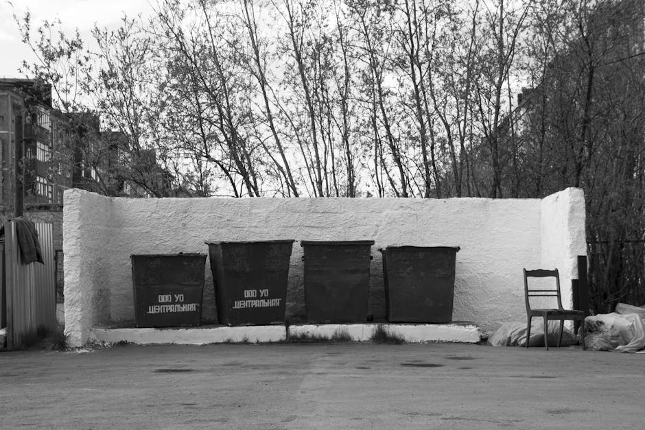 A black and white photograph depicting a residential outdoor scene with a low concrete wall in the foreground, behind which are four waste bins placed on the pavement. The bins are black with labels indicating they are for waste disposal, and they are aligned side-by-side, with the two central bins slightly taller. To the right of the bins, there is a wooden chair positioned against the wall, with some bags or coverings nearby. On the left side of the image, a section of fencing and a house with window balconies are visible. Behind the wall, tall leafless trees extend skyward, suggesting late autumn or winter, and the scene is evenly lit without harsh shadows. This setting reflects a typical urban or suburban environment where waste collection and household furniture might be involved in a home relocation or clearance process, as handled by companies like Man with Van Edmonton, facilitating removals and furniture transport from properties such as those depicted in the image.