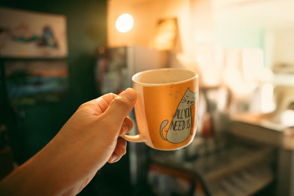A close-up view of a person's hand holding a ceramic mug with an orange background, featuring a cartoon cat illustration and the text 'All You Need Is' visible on the front. The mug is held inside a room with natural light illuminating the scene. In the background, there are blurred furnishings and items, including a refrigerator, kitchen counter, and shelves, indicating a domestic setting. This image relates to home relocation processes where packing and moving may involve handling everyday objects like mugs, bottles, and boxes, which is within the scope of services provided by Man with Van Edmonton in their removals and packing solutions.